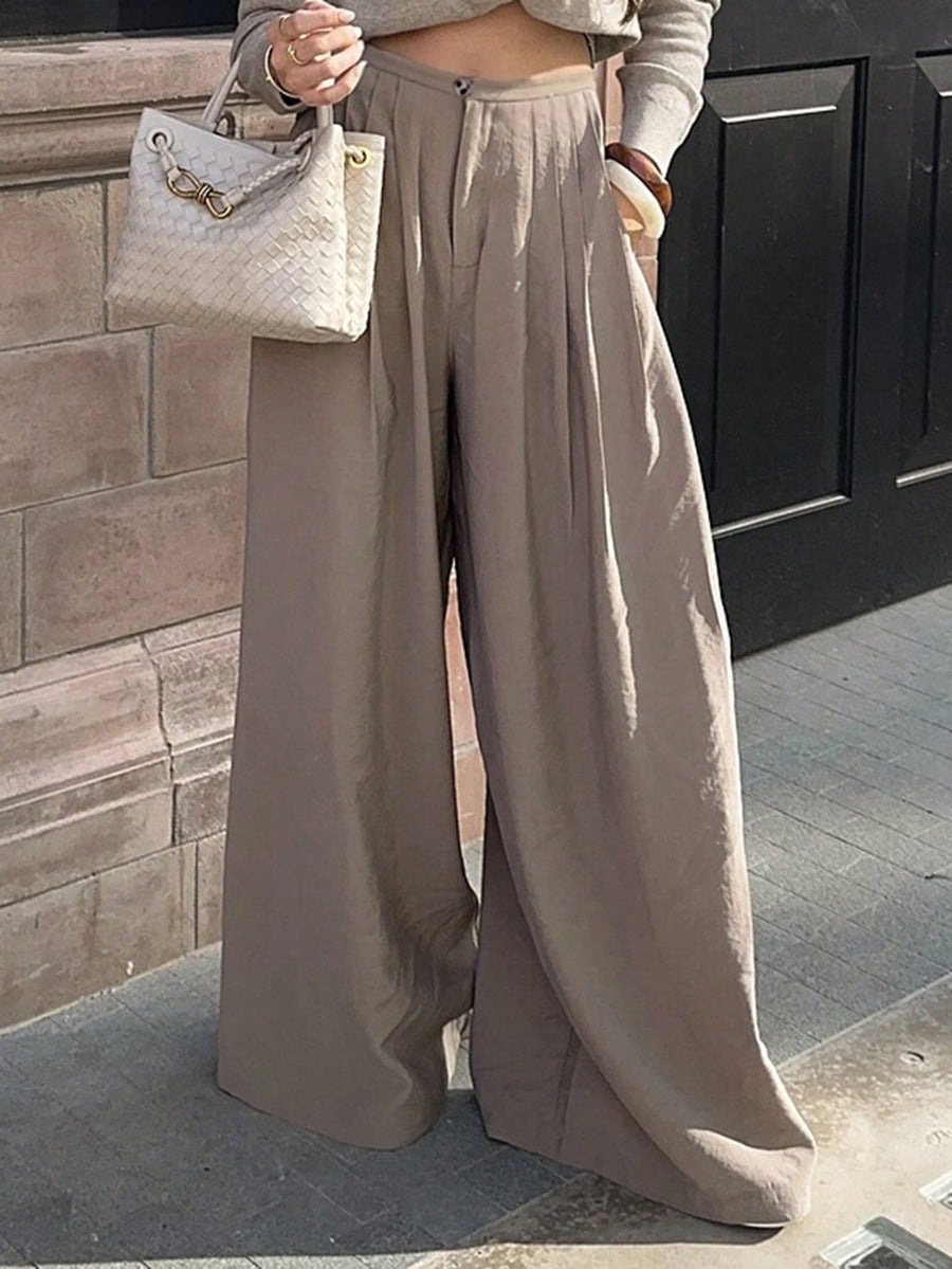 Solid Color Pleated Wide Leg High Waisted Trousers Pants