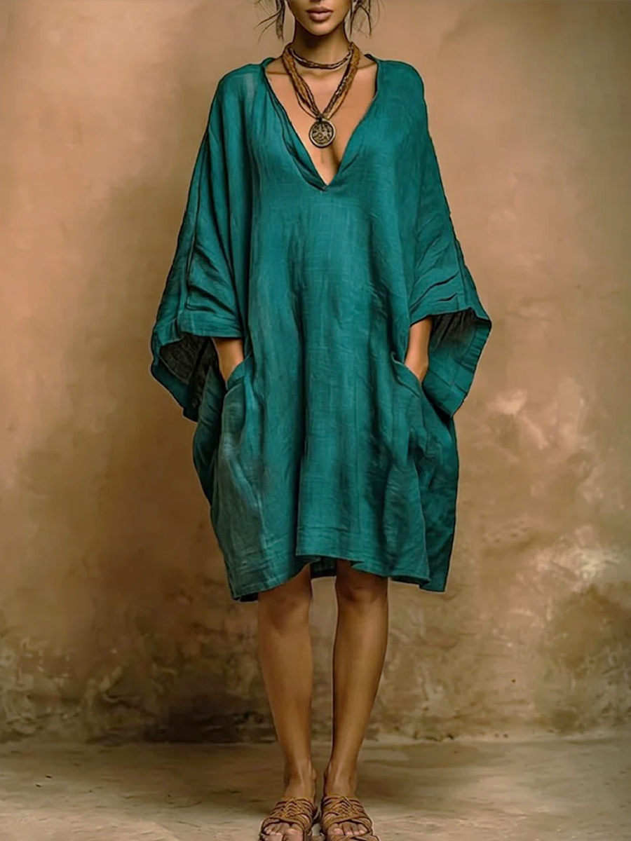 Batwing Sleeves Loose Pockets Solid Color Deep V-Neck Mini Dresses