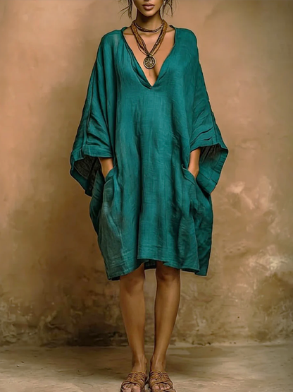 Batwing Sleeves Loose Pockets Solid Color Deep V-Neck Mini Dresses