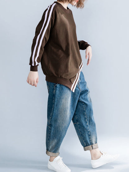 Cropped Long Sleeves Striped Round-Neck Hoodies&Sweatshirt
