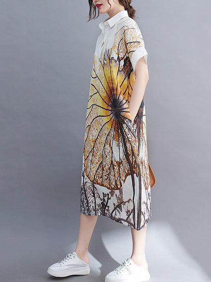 Loose Short Sleeves Buttoned Floral Printed Lapel Collar Midi Dresses Shirt Dress