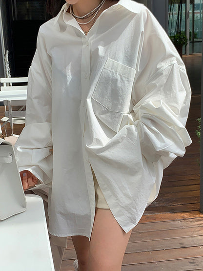Long Sleeves Loose Buttoned Pockets Solid Color Lapel Blouses&Shirts Tops