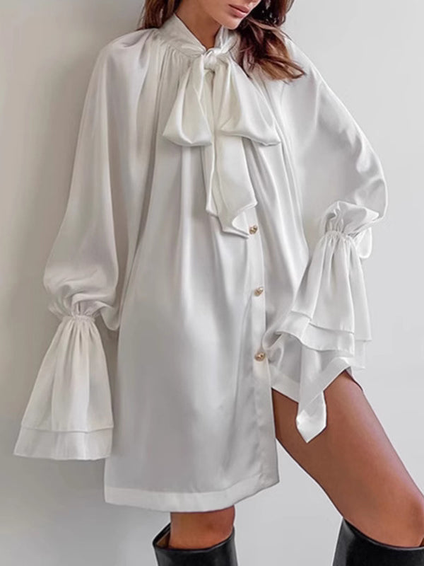 A-Line Flared Sleeves Buttoned Elasticity Pleated Solid Color Tied Zipper Stand Collar Mini Dresses