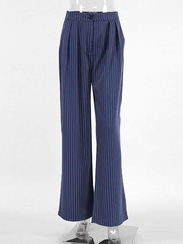 High Waisted Wide Pants Buttoned Striped Pants Trousers
