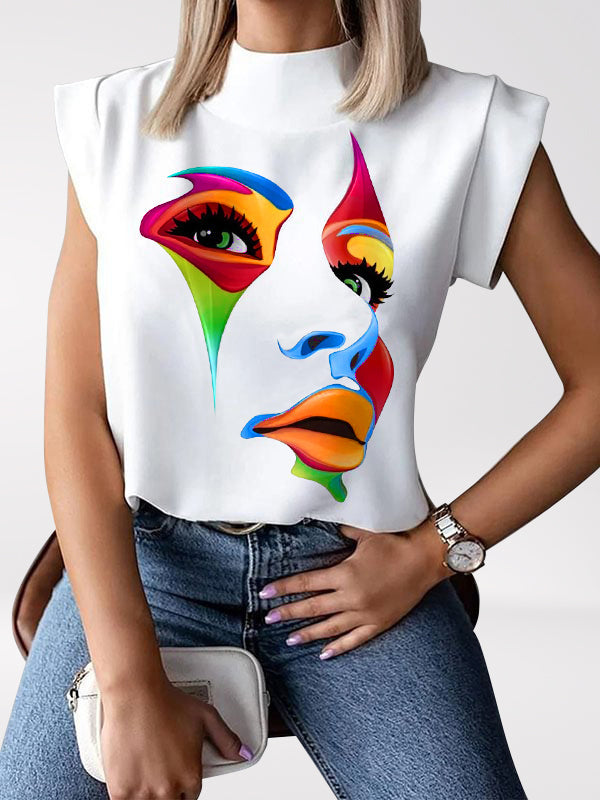 Cap Sleeve Loose Multi-Colored Printed High-Neck T-Shirts Tops