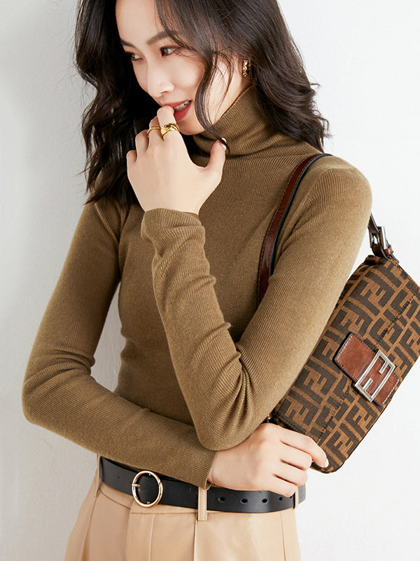 Simple Skinny Long Sleeves Solid Color High-Neck Sweater Tops Pullovers