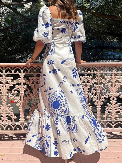 A-Line High Waisted Contrast Color Pleated Printed Ruffled Split-Joint Square-Neck Midi Dresses