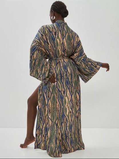 Batwing Sleeves Long Sleeves Contrast Color Printed Tied Waist Deep V-Neck Cover-Up