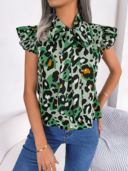 Cap Sleeve Loose Leopard Statement Collar Vest Top