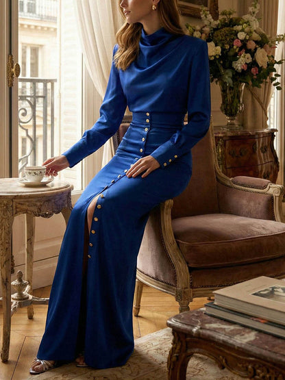 Split-Joint Heaps Collar Long Sleeves Pleated Blouses&Shirts Tops + Elasticated Waist Asymmetric Buttoned  Contrast Color Split-Side Zipper Skirts Bottoms Two Pieces Set