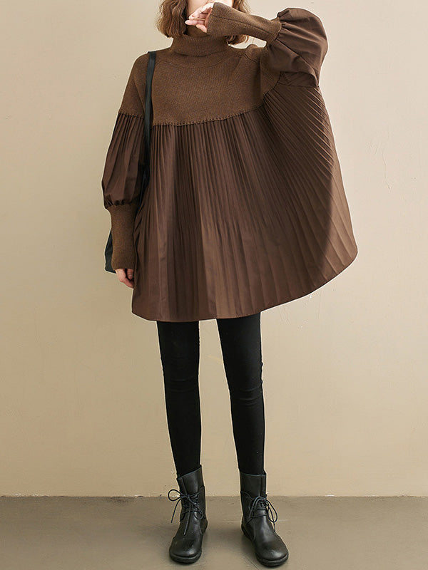 Knitting Pleats Split-Joint High-Neck Pullover Top