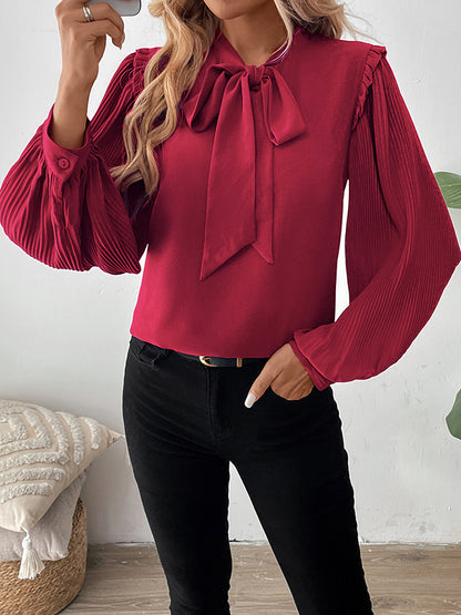Long Sleeves Loose Pleated Ruffle Trim Solid Color Split-Joint Tied V-Neck Blouses&Shirts Tops