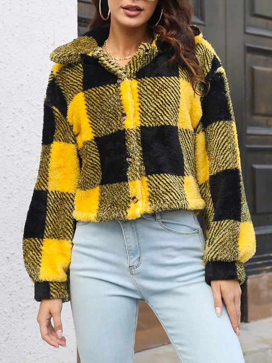 Long Sleeves Loose Contrast Color Velvet Lapel Outerwear