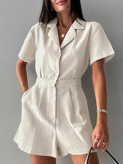 High Waisted Loose Buttoned Pleated Pockets Solid Color Split-Joint Notched Collar Rompers