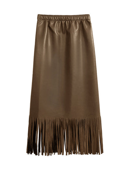 Loose Solid Color V-Neck Sleeveless Buttoned Pockets Vest Top + High Waisted Elasticity Tasseled Skirt Bottom Two Pieces Set