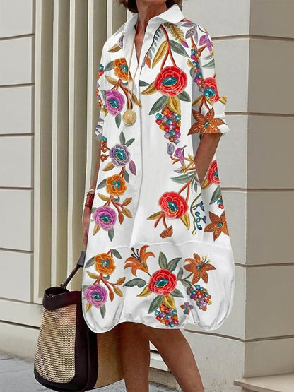 A-Line Half Sleeves Buttoned Contrast Color Flower Print Pockets Lapel Midi Dresses Shirt Dress