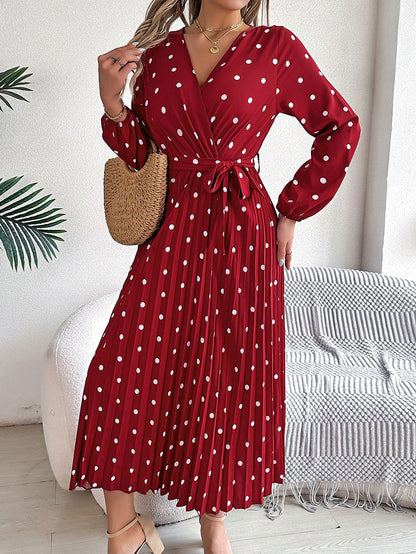 High Waisted Long Sleeves Pleated Polka Dot Tied Waist V-Neck Maxi Dresses Shirt Dress