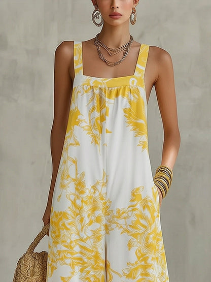 Loose Sleeveless Flower Print Pleated Pockets Spaghetti-Neck Jumpsuits