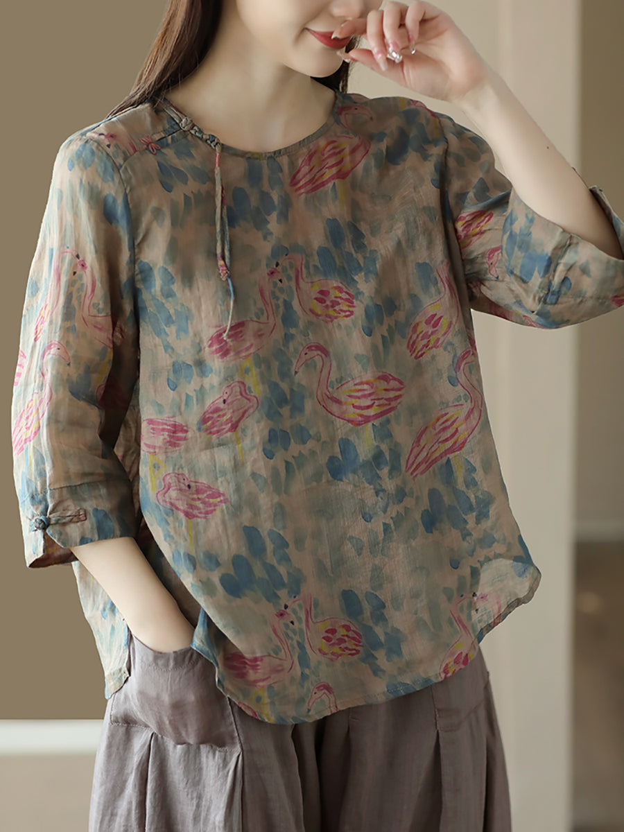 Women Vintage Summer Floral Frog Pullover Linen Shirt