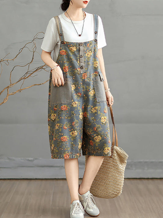 Women Summer Artsy Flower Denim Short Jumpsuits
