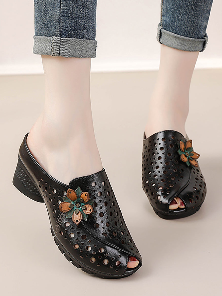 Women Summer Genuine Leather Flower Mid Heel Slippers