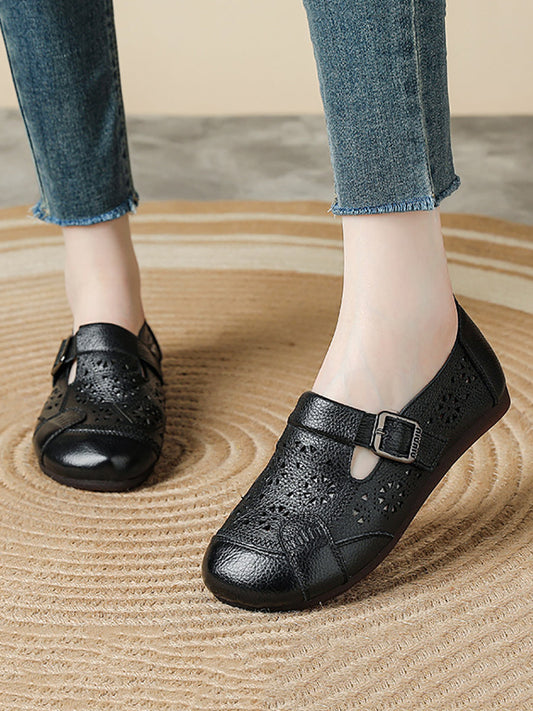 Women Vintage Pure Color Leather Hollow Out Shoes