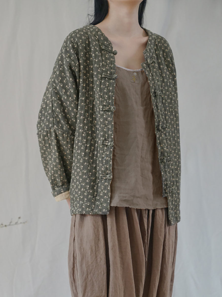 Plus Size Women Ethnic Autumn Floral Button-up Cotton Coat