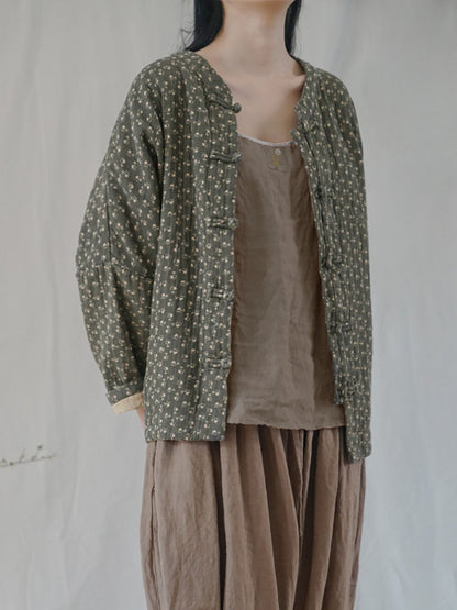 Plus Size Women Ethnic Autumn Floral Button-up Cotton Coat