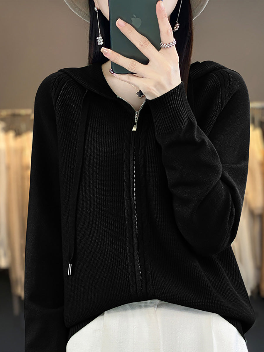 Women Autumn Casual Pure Color Hooded Sweater