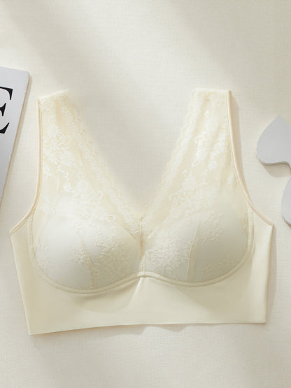 Women Artsy Pure Color Lace Satin Seamless Bra