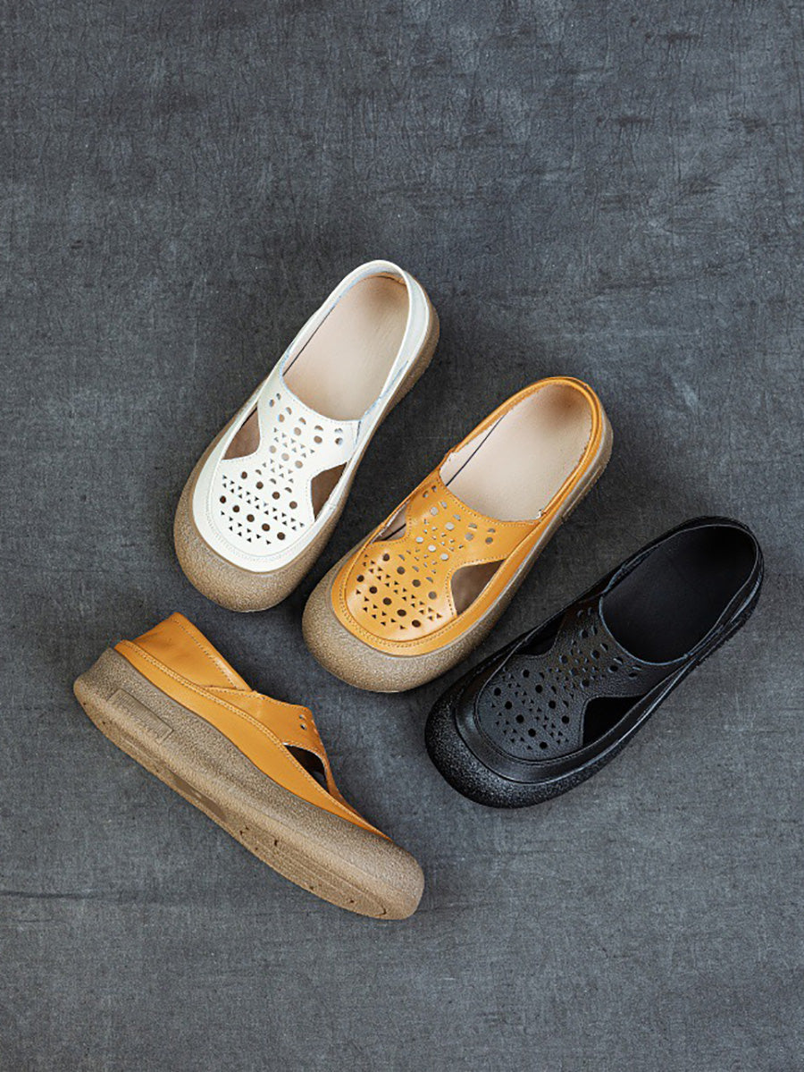 Women Summer Casual Hollow Out Leather Flat Shoes