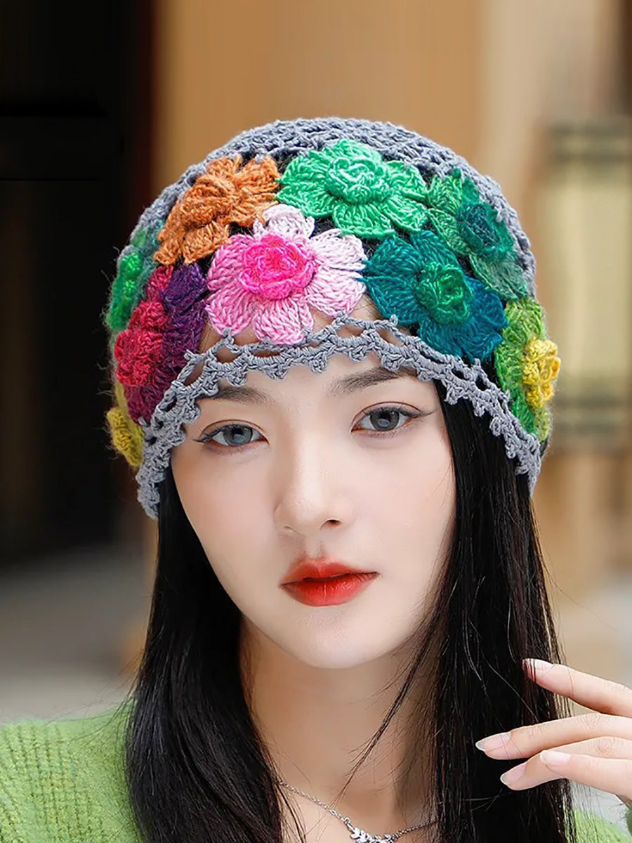 Women Artsy Colorful Flower Knit Hat