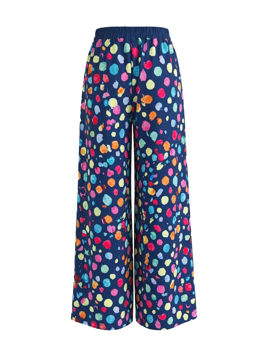 High Waisted Wide Leg Contrast Color Elasticity Pockets Polka Dot Pants Trousers