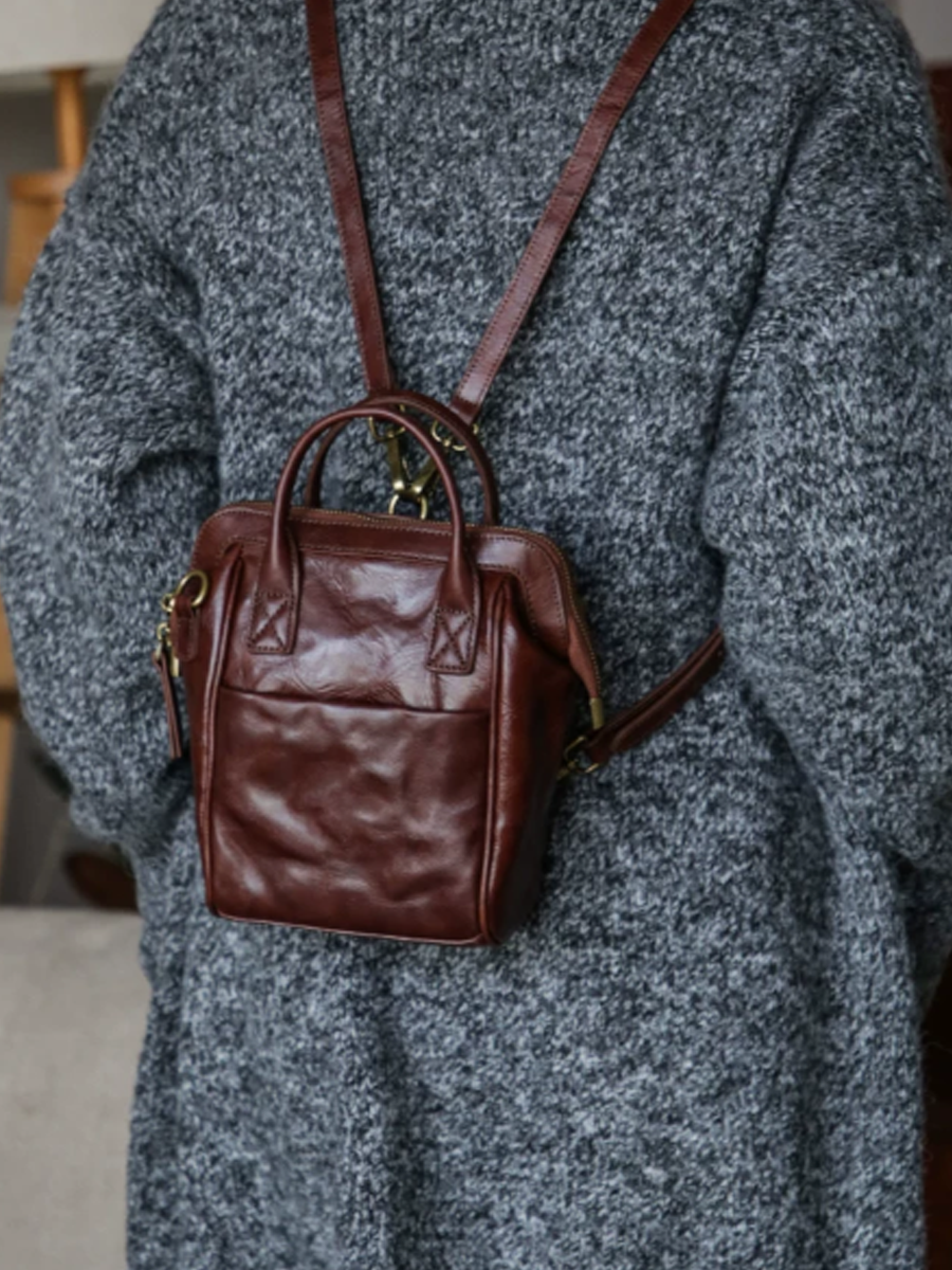 Crinkled Leather Handbag Travel Backpack