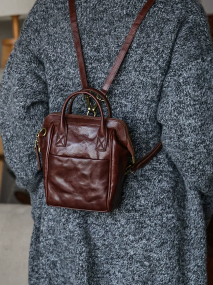 Crinkled Leather Handbag Travel Backpack