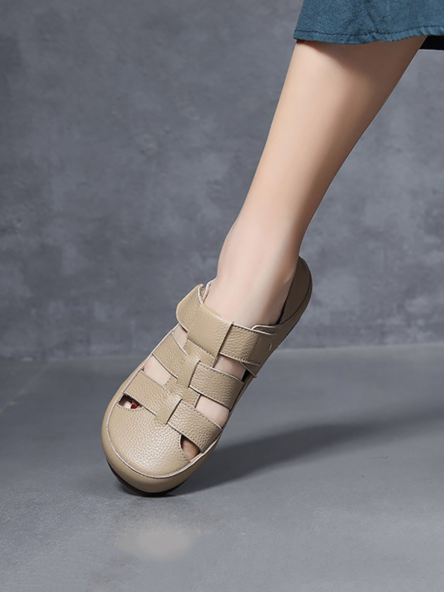 Women Summer Pure Color Genuine Leather Spliced Sandals