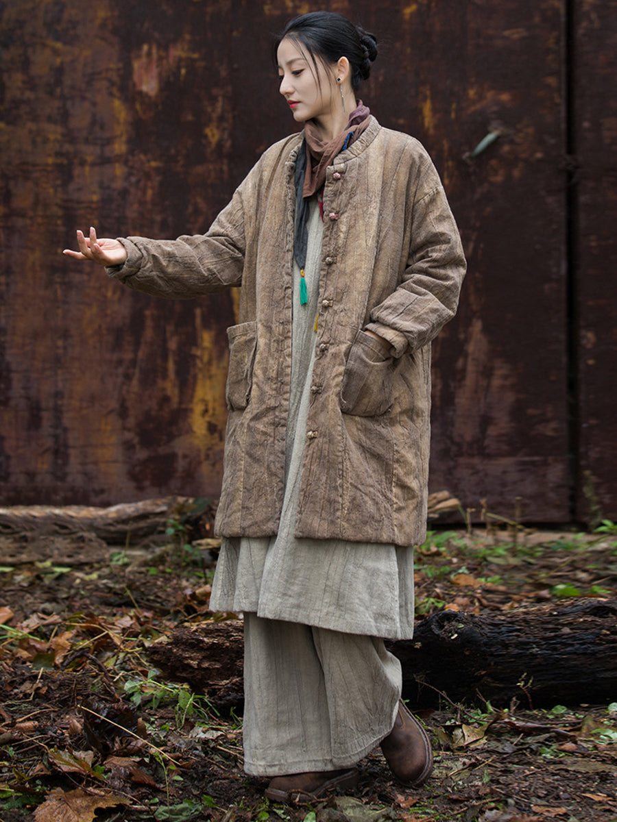 Women Winter Ethnic Solid Ramie Padded Long Coat