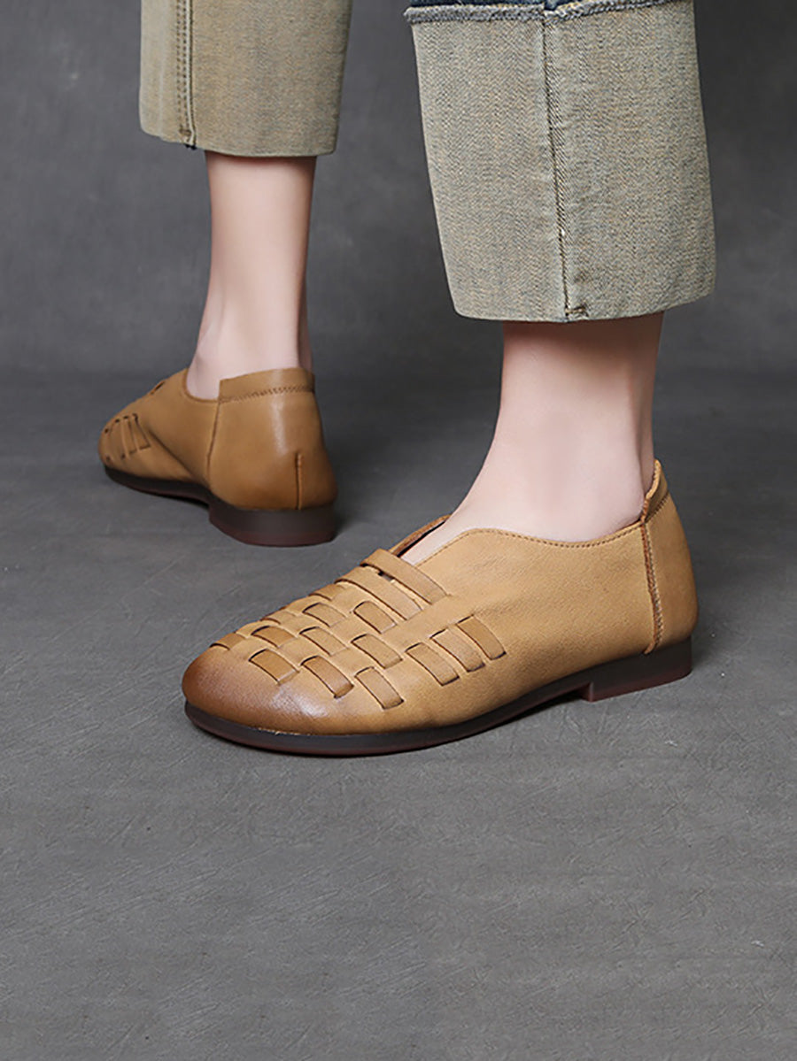 Women Retro Leather Weave Low Heel Shoes