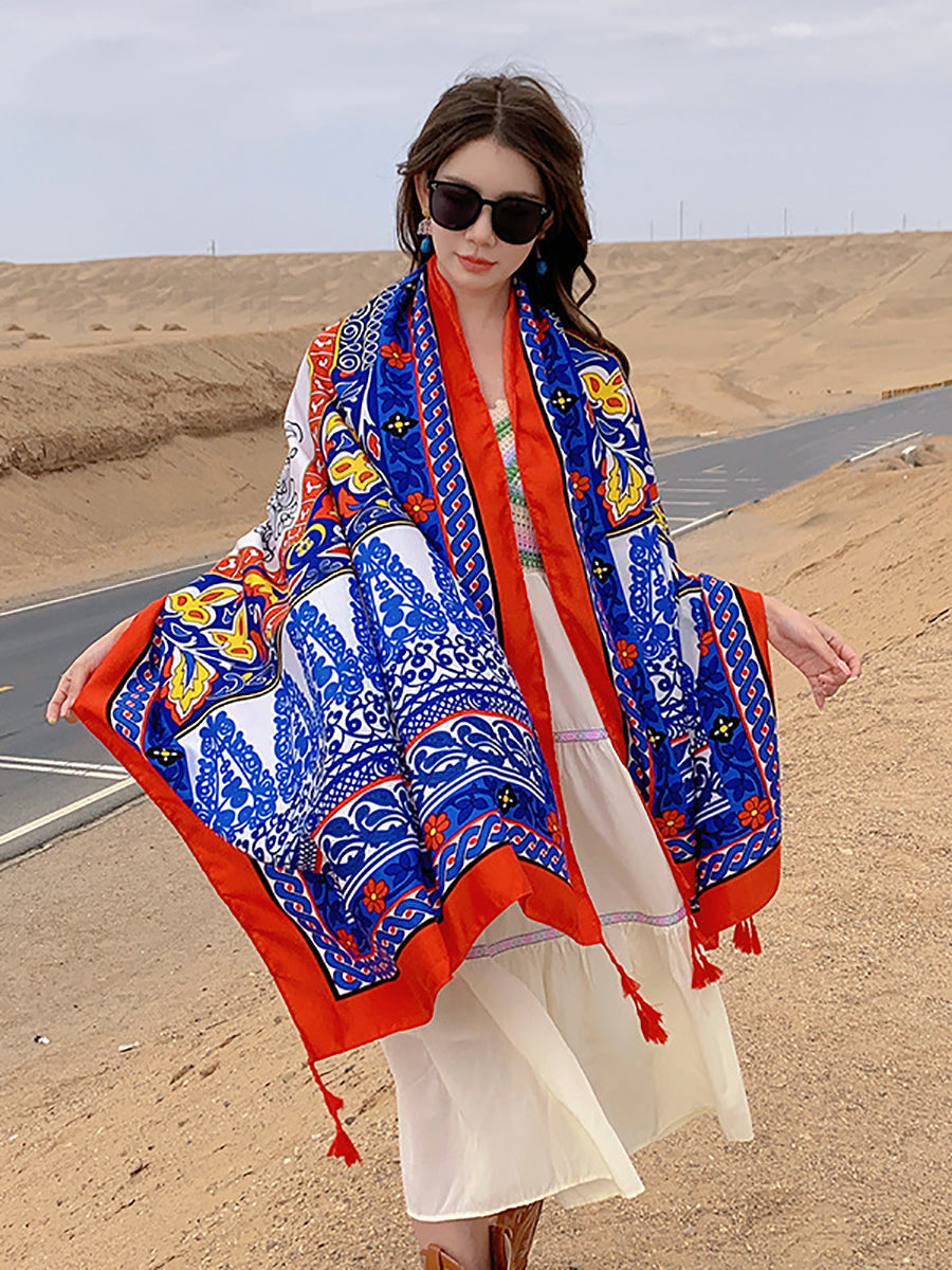 Women Ethnic Print Tassel Shawl Scarf