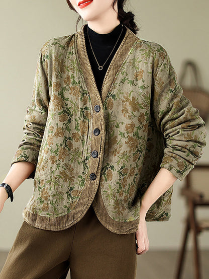 Plus Size Women Retro Floral Spliced V-Neck Padded Jacket