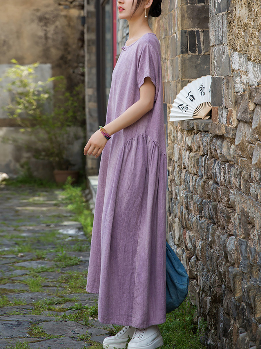 Women Summer Artsy Pure Color O-Neck Linen Dress