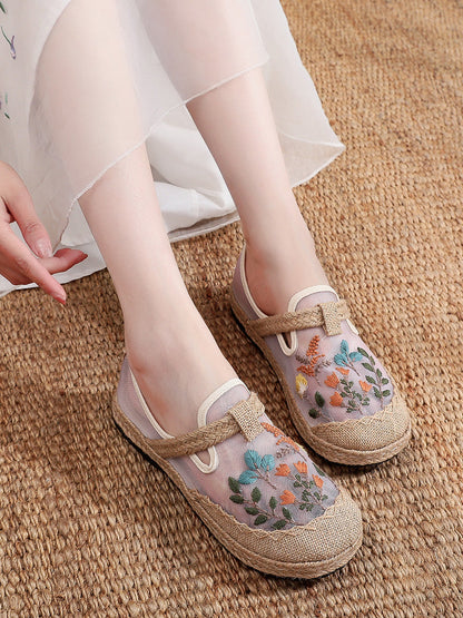 Women Ethnic Flower Embroidery Linen Shoes