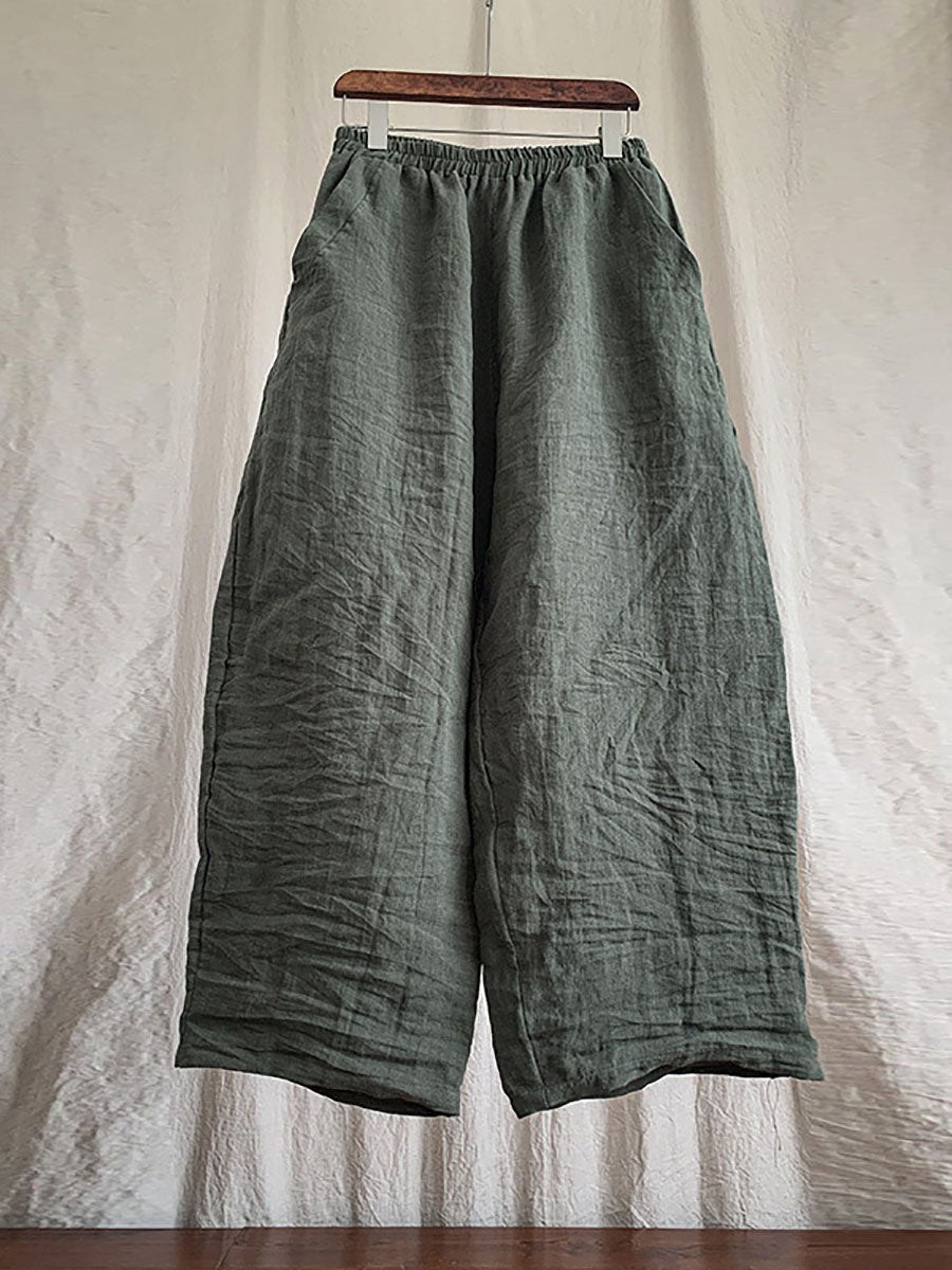 Plus Size Women Linen Pocket Elastic Waist Pure Color Pants
