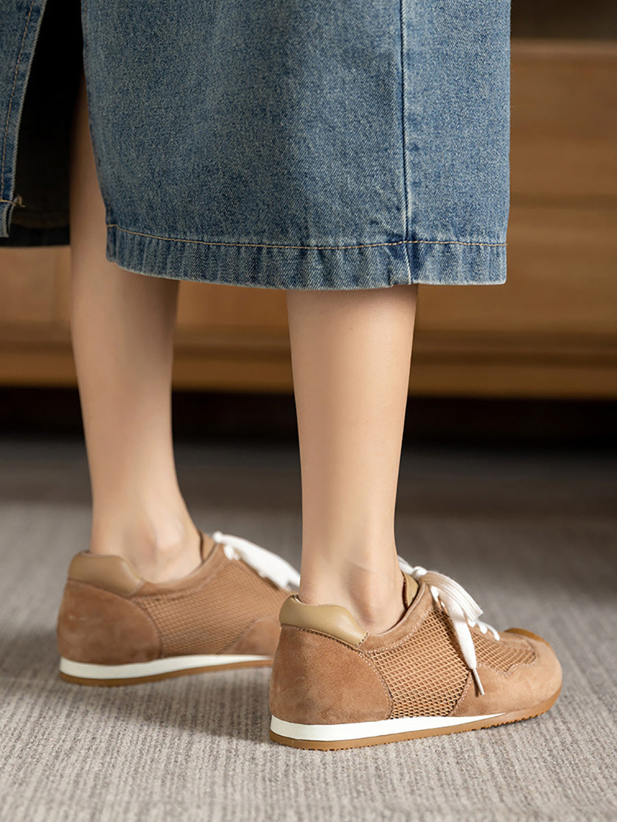Women Summer Vintage Leather Spliced Mesh Shoes
