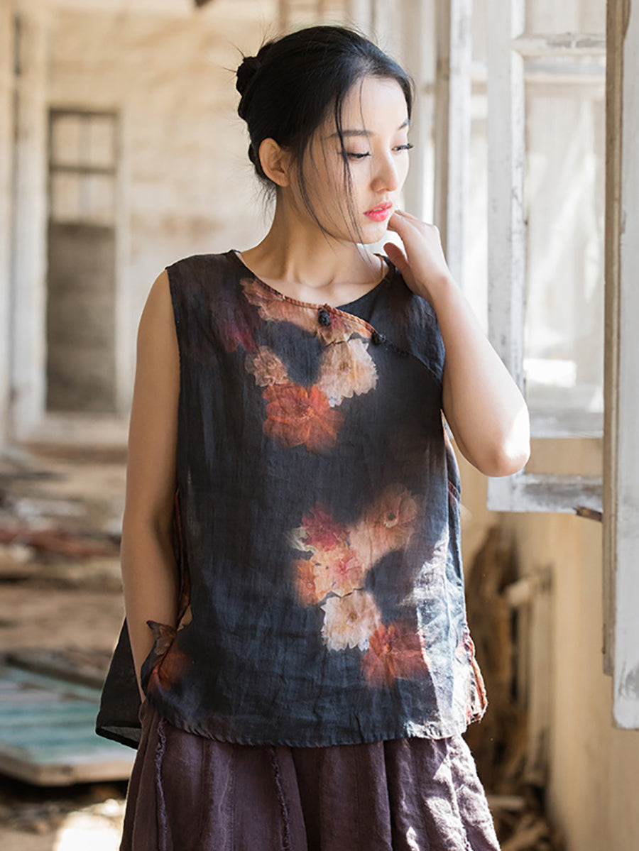 Women Summer Retro Flower Button Ramie Vest