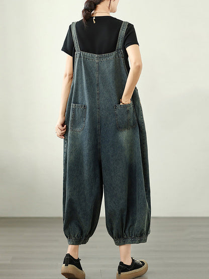Women Summer Worn Stripe Denim Loose Jumpsuits