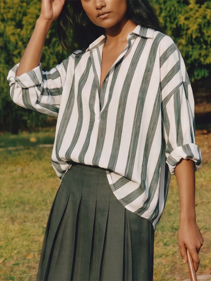 Long Sleeves Loose Buttoned Contrast Color Striped Lapel Blouses&Shirts Tops