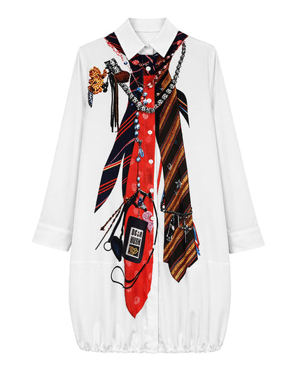 Long Sleeves Loose Buttoned Pockets Printed Lapel Midi Dresses