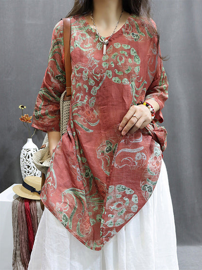 Plus Size Women Summer Vintage Flower Ramie Blouse M-4XL