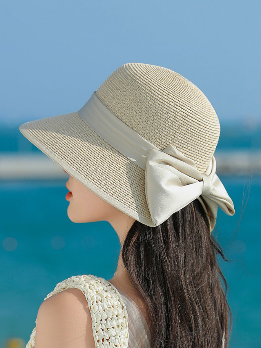 Women Straw Weave Stain Bowknot Sunproof Hat